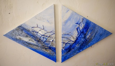 Blue abstract art diptych